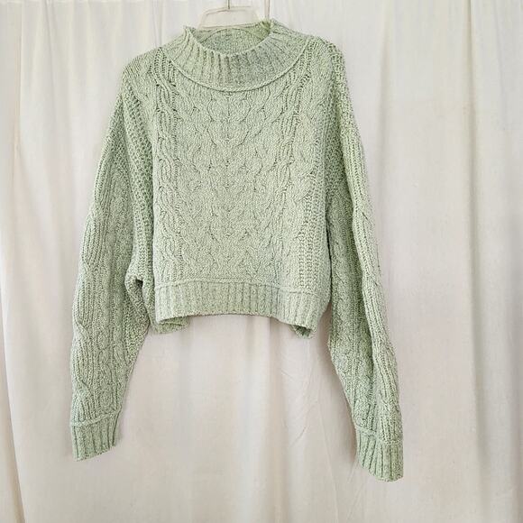Free People Merry Go Round Sweater Size XL mint Green Cable Knit Fisherman - Picture 3 of 9